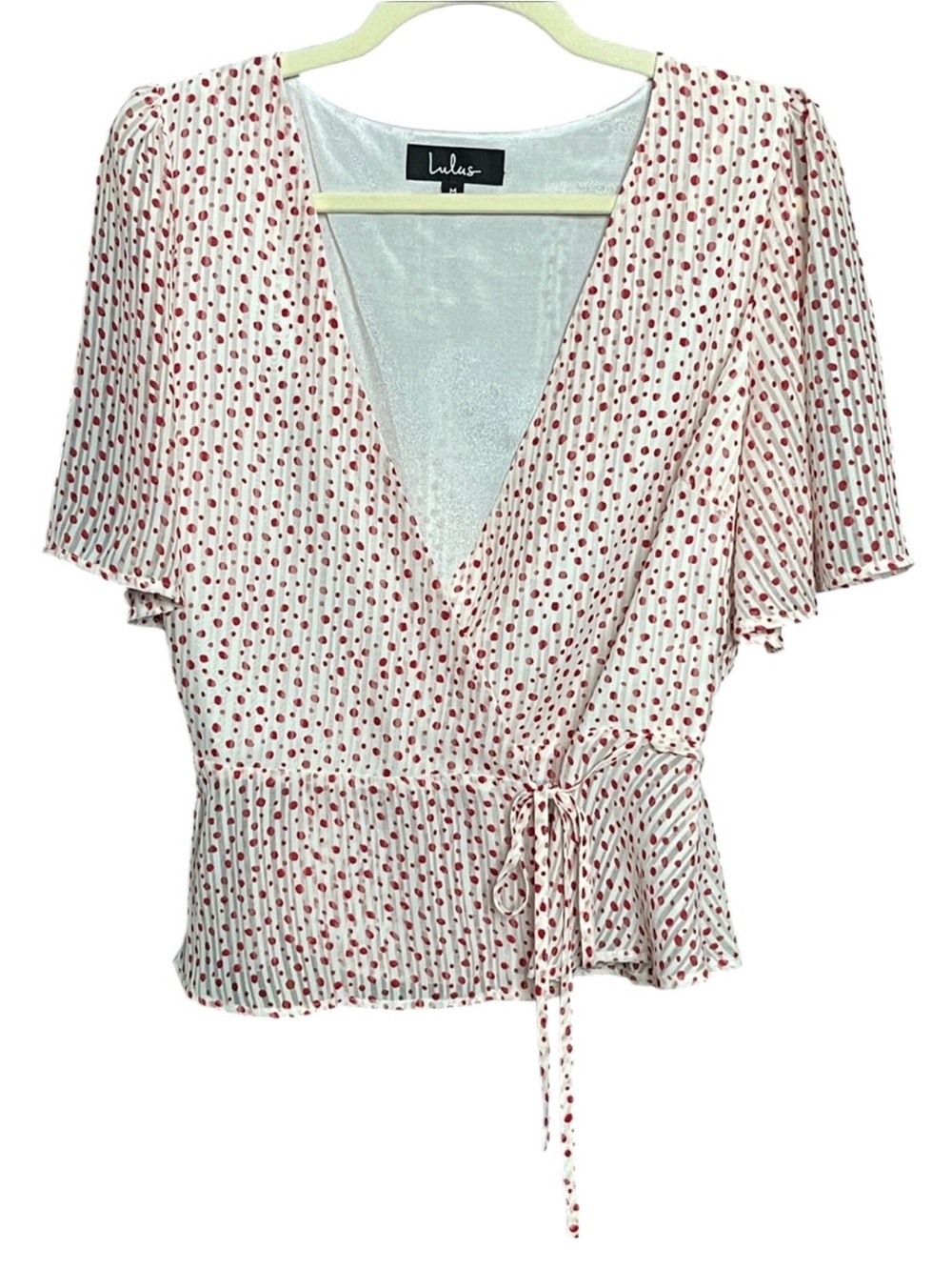 Lulus Destini White and Red Polka Dot Wrap Top Medium